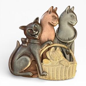 Whimsical Vintage Cat Family Brooch Multitone Metal, Kitten in Basket